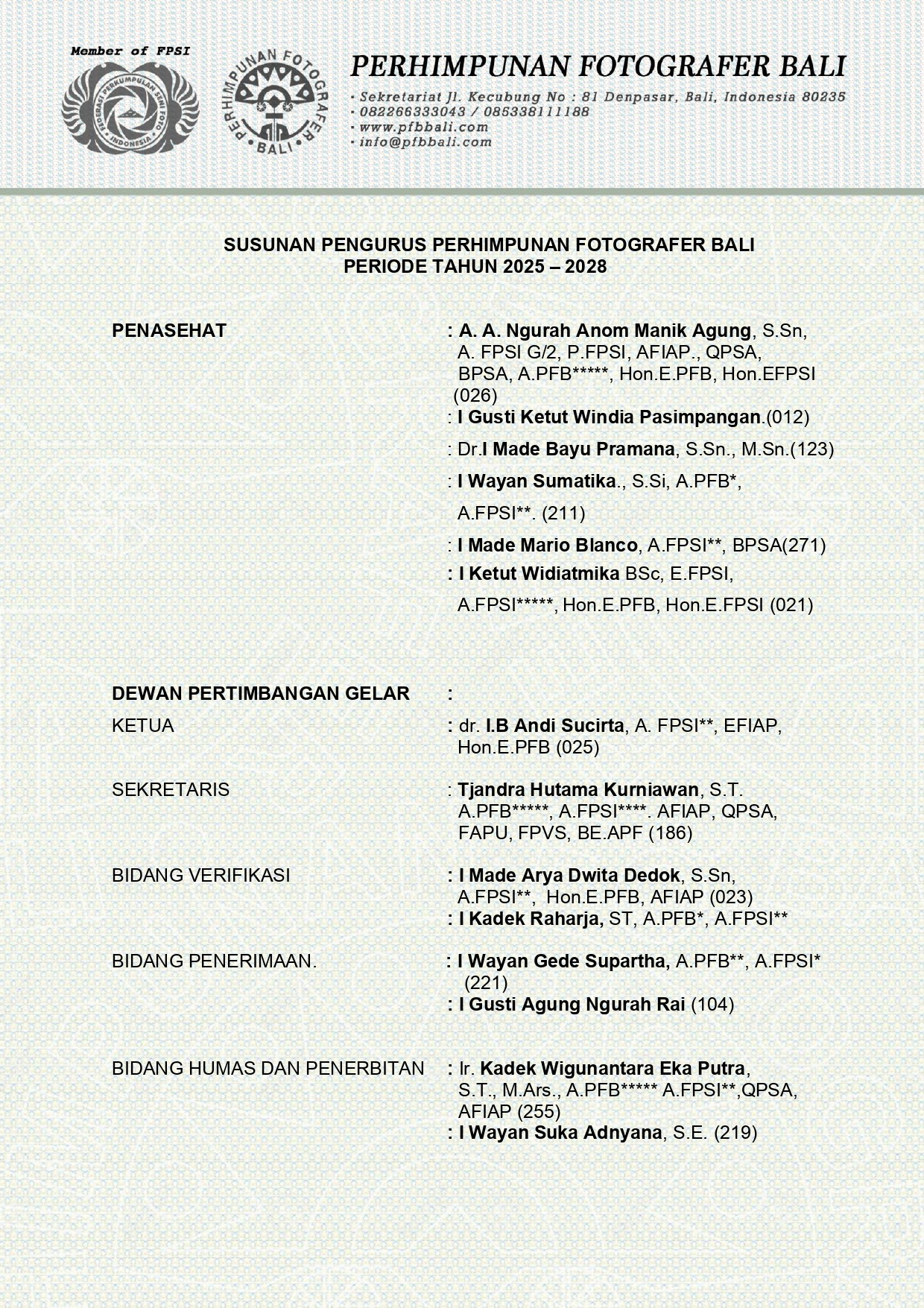 Susunan Pengurus PFB Halaman 1